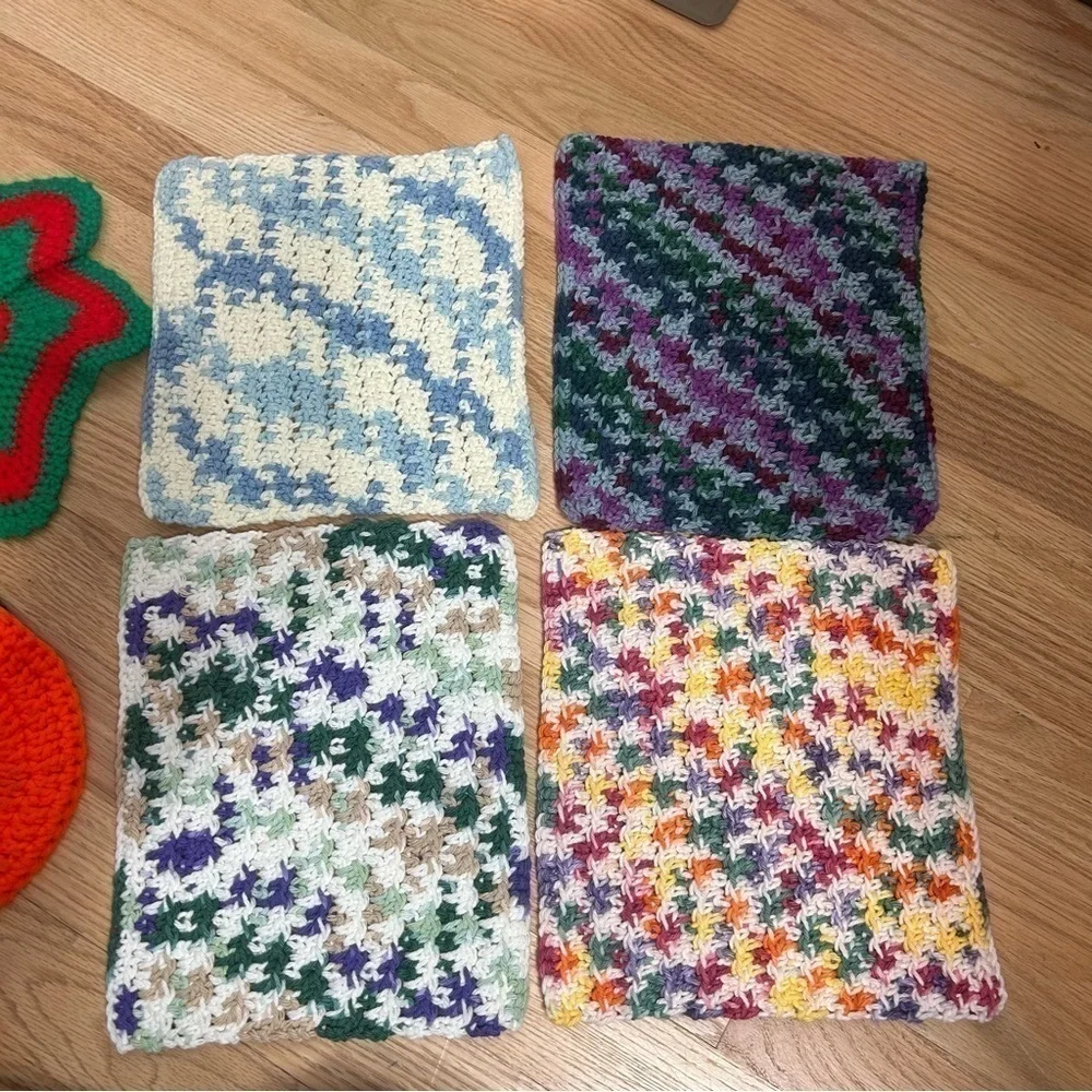 Handmade Vintage Crochet Pot Holders Doilies Colorful Pumpkin Kitchen Home